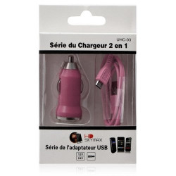 Chargeur voiture allume cigare USB avec câble data couleur rose pour SFR : StarNaute / StarText / StarText II / StarTrail / Sta