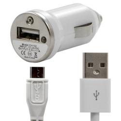 Chargeur voiture allume cigare USB avec câble data couleur blanc pour LG : Optimus Chat C550 / Optimus L5 E610 / Optimus Me P35