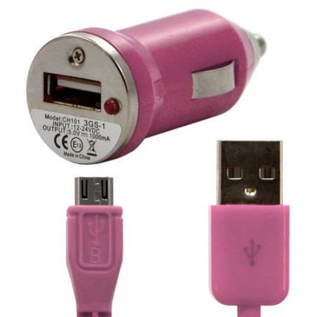 Chargeur voiture allume cigare USB avec câble data couleur rose pour LG : Optimus Chat C550 / Optimus L5 E610 / Optimus Me P350