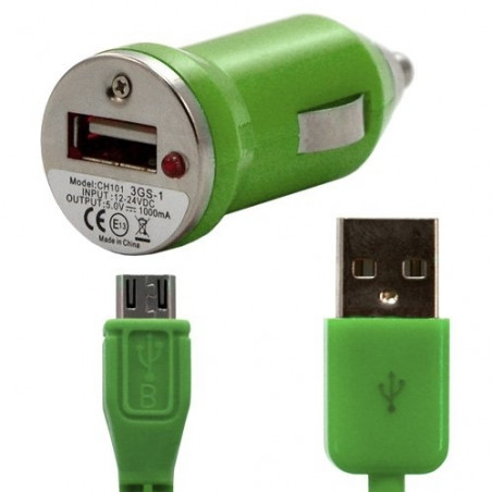 Chargeur voiture allume cigare USB avec câble data couleur vert pour LG : Optimus Chat C550 / Optimus L5 E610 / Optimus Me P350