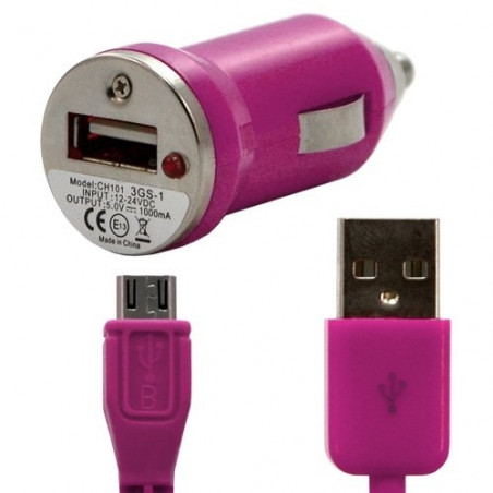 Chargeur voiture allume cigare USB avec câble data couleur fuschia pour Sony : Xperia S / Xperia P / Xperia U / Xperia acro S /