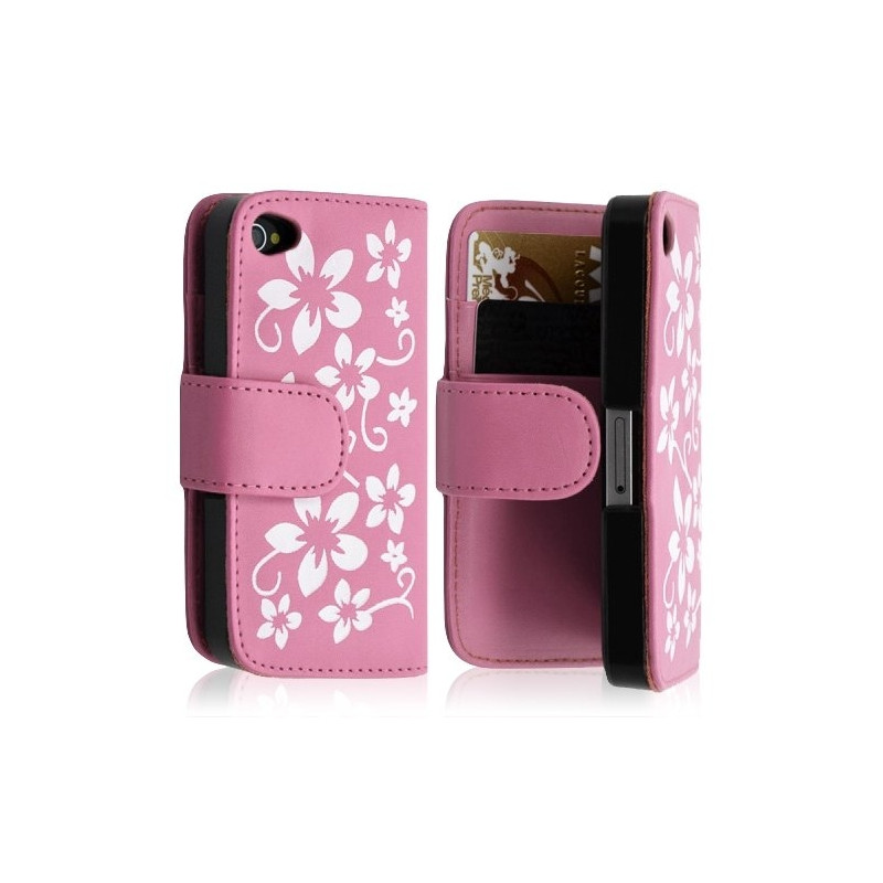 Housse coque étui portefeuille pour Apple iphone 4 / 4S motif fleur couleur rose pale