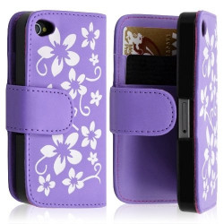 Housse coque étui portefeuille pour Apple iphone 4 / 4S motif fleur couleur violet