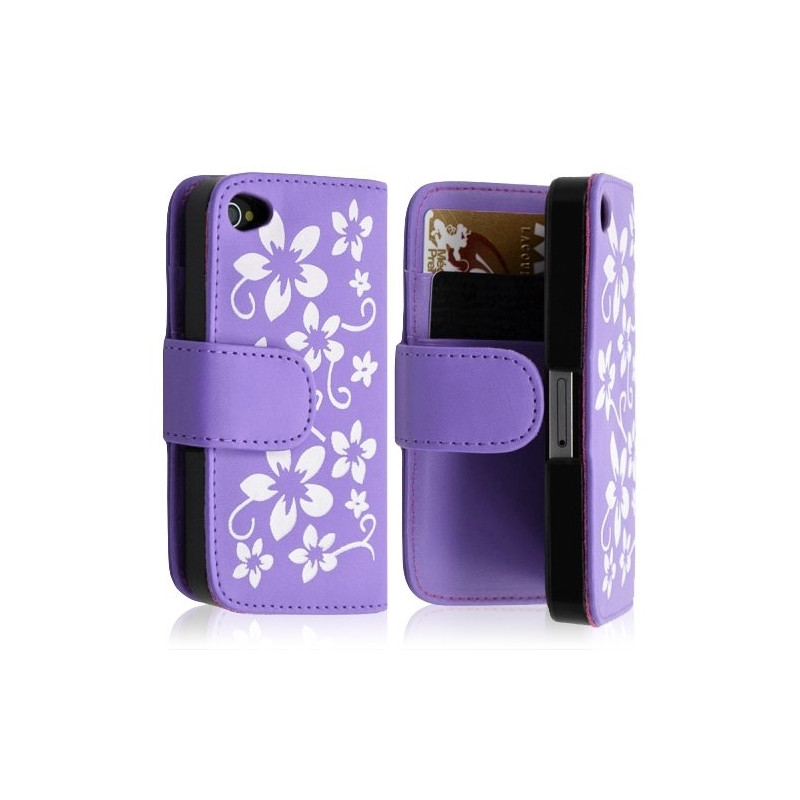 Housse coque étui portefeuille pour Apple iphone 4 / 4S motif fleur couleur violet