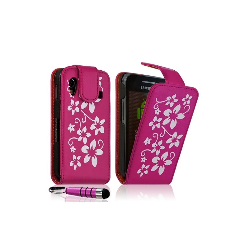 Housse etui coque pour Samsung Galaxy Ace S5830 avec motif fleur couleur rose fushia + mini stylet