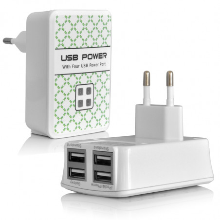 Chargeur Secteur 4 ports USB Prise Murale pour Polaroid Sky 5, Polaroid Phantom 5, Kazam Trooper 650L, Danew Konnect 501