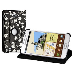 Housse coque étui pour Samsung Galaxy Note de luxe avec sytème de rotation à 360° motif fleur couleur noir