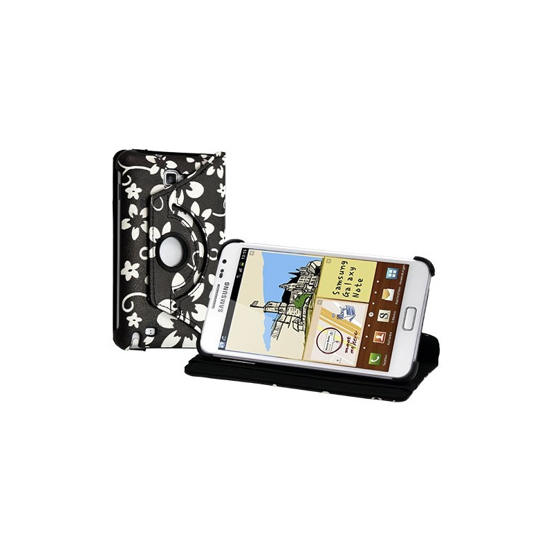 Housse coque étui pour Samsung Galaxy Note de luxe avec sytème de rotation à 360° motif fleur couleur noir