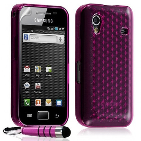 Housse étui coque gel diamant transparent Samsung Galaxy Ace S5830 couleur rose fuschia + Mini stylet