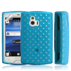 Housse coque etui gel tressé pour Sony Ericsson XPERIA Mini couleur bleu + Film protection