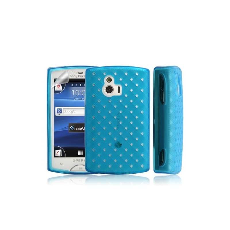 Housse coque etui gel tressé pour Sony Ericsson XPERIA Mini couleur bleu + Film protection