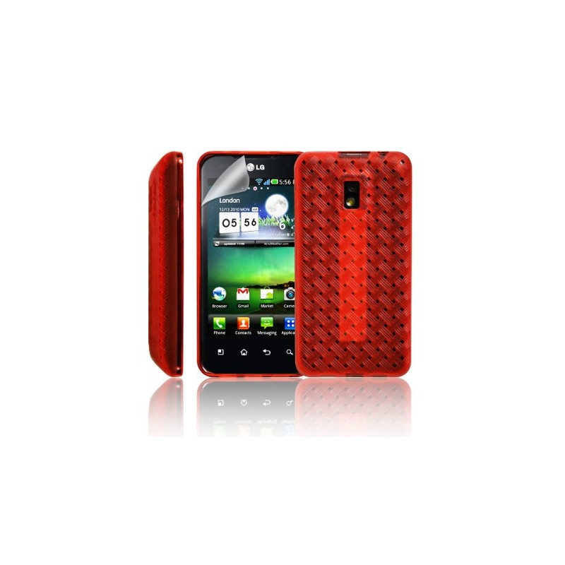 Housse étui coque souple tressée rouge LG Optimus 2X + Film écran