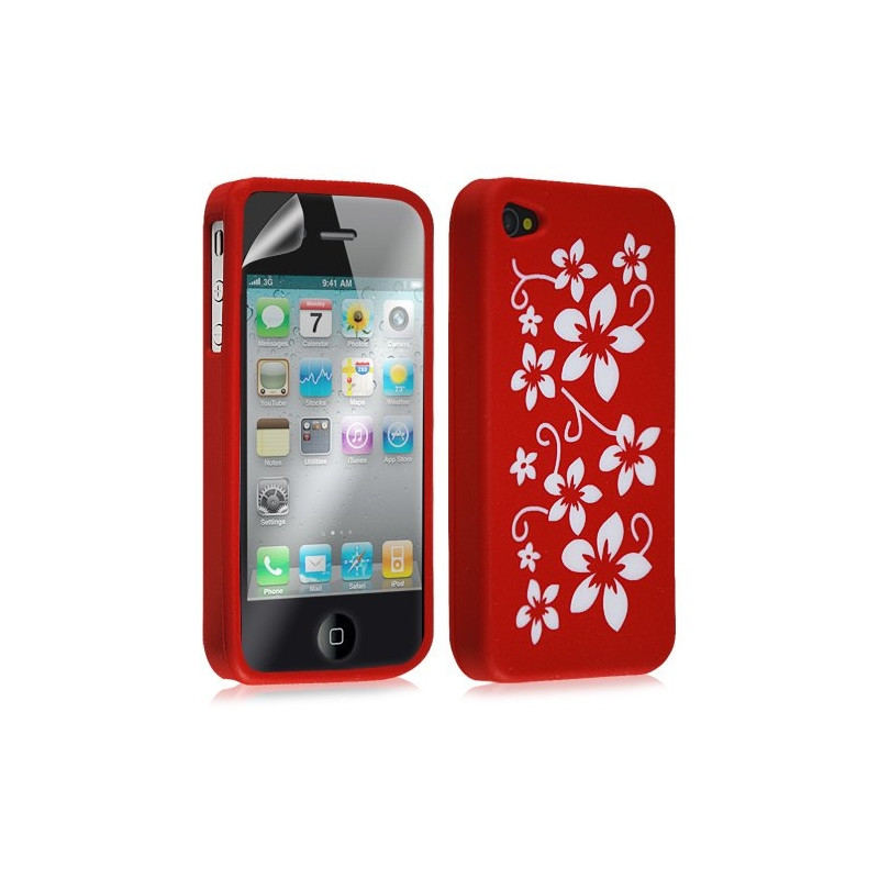 Housse étui coque silicone pour Apple Iphone 4 / 4S motif fleur couleur rouge + film protecteur