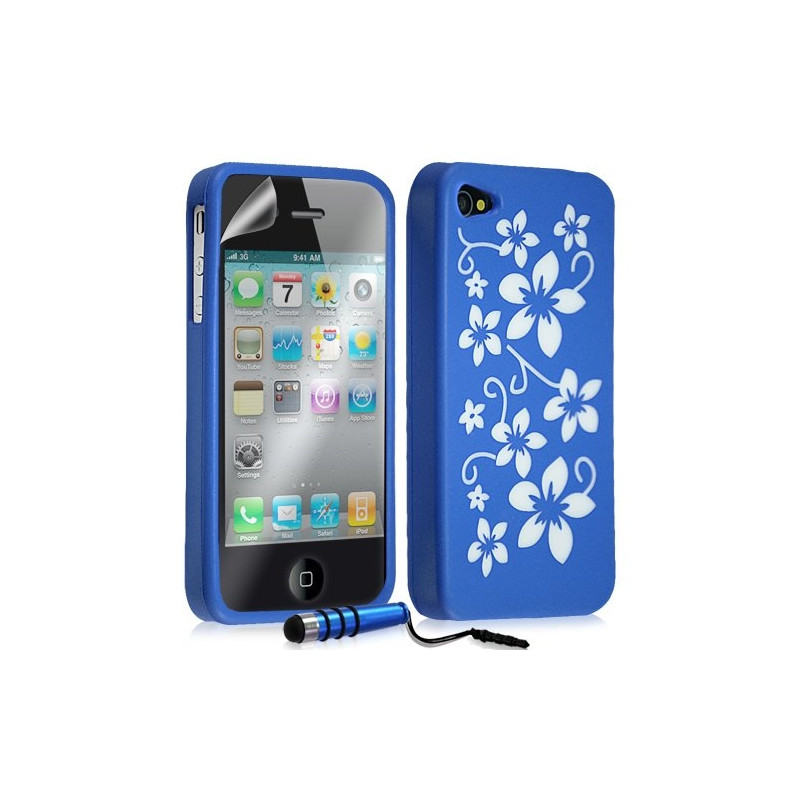 Housse étui coque silicone pour Apple Iphone 4 / 4S motif fleur couleur bleu + mini stylet + film protecteur