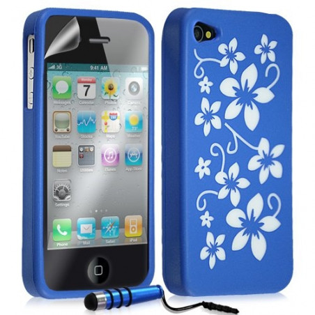 Housse étui coque silicone pour Apple Iphone 4 / 4S motif fleur couleur bleu + mini stylet + film protecteur