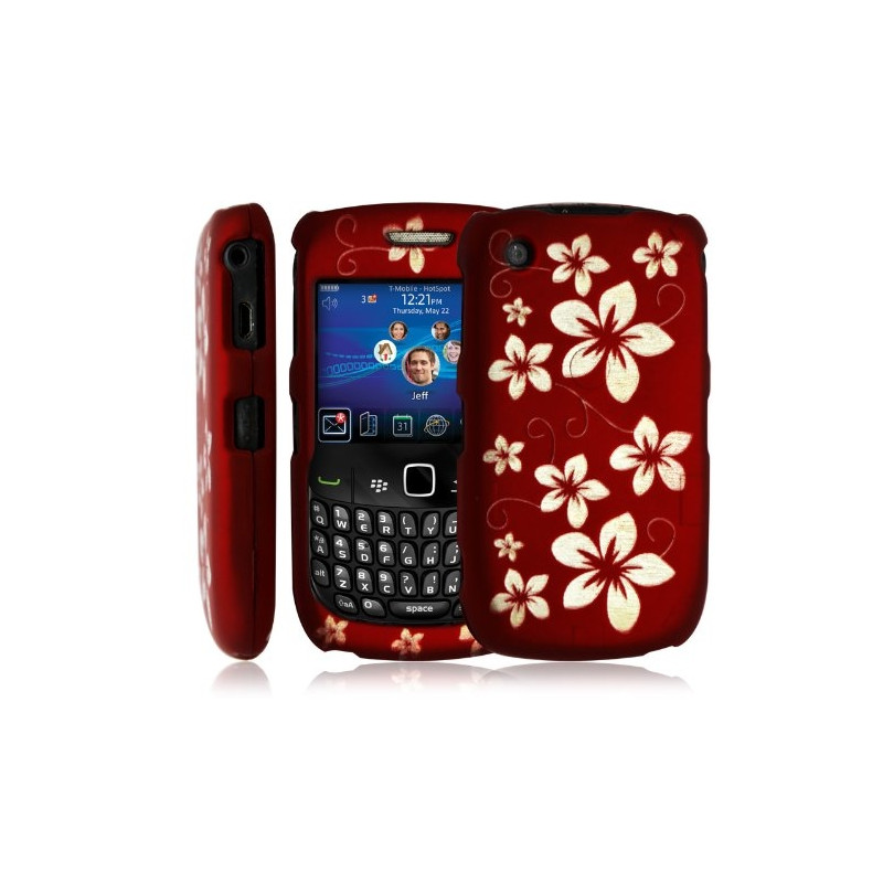 Housse coque rigide pour Blackberry Curve 8520 couleur rouge avec motif fleur + film protecteur ecran