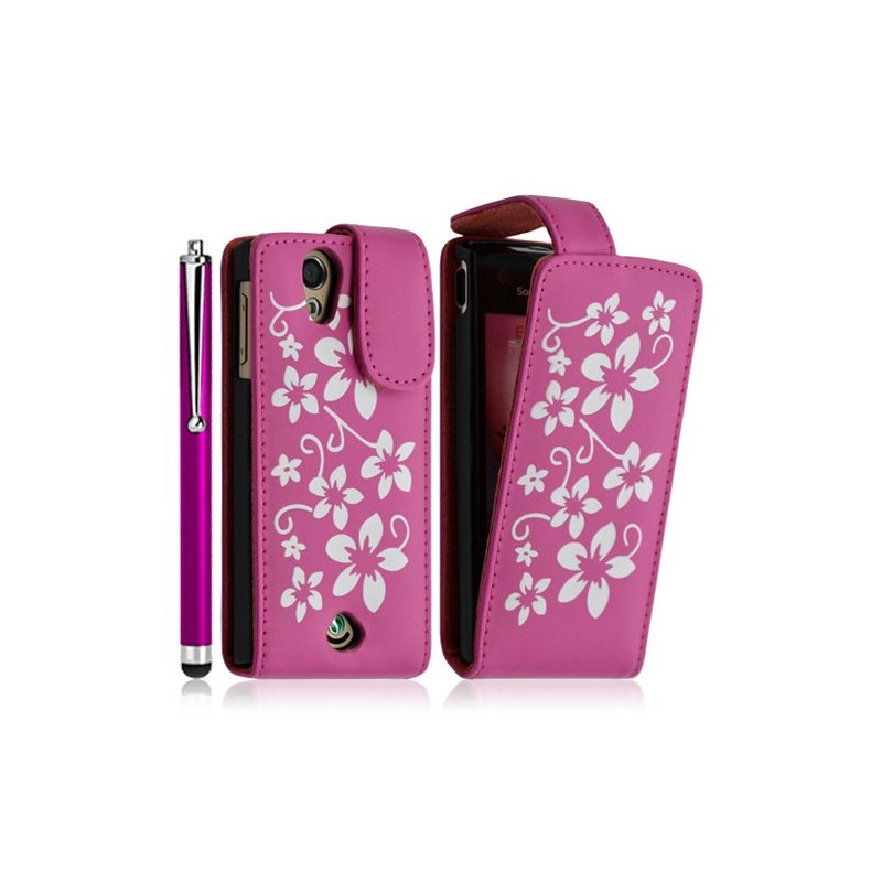 Housse étui coque pour Sony Ericsson Xperia Ray motif fleurs couleur rose fuschia + stylet luxe