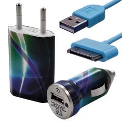 Mini Chargeur 3en1 Auto et Secteur USB avec câble data avec motif CV03 pour Apple : iPod 2 / iPod 4G / iPod 5G / iPod Photo / i