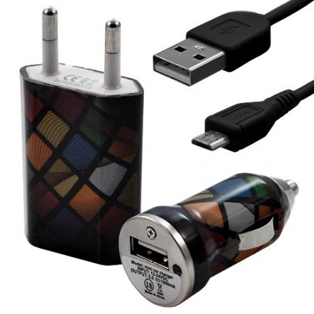 Mini Chargeur 3en1 Auto et Secteur USB avec câble data avec motif CV02 pour LG : / Optimus L3 E400 / Optimus L5 E610 / Optimus 