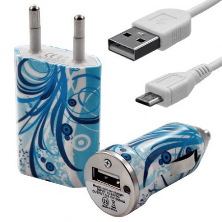 Mini Chargeur 3en1 Auto et Secteur USB avec câble data avec motif HF08 pour Sony : Xperia J / Xperia P / Xperia S / Xperia T / 