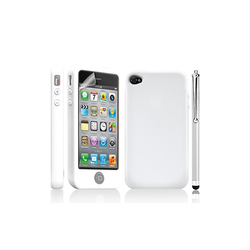 Housse étui coque silicone avec bouton tactile pour Apple Iphone 4/4S couleur blanc + Stylet luxe