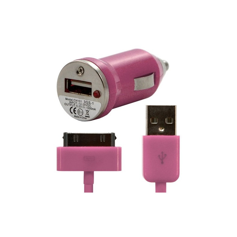 Chargeur voiture allume cigare USB + Cable data couleur rose pour Apple : iPhone / iPhone 3G / iPhone 3GS / iPhone 4 / iPhone 4S