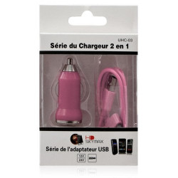 Chargeur voiture allume cigare USB + Cable data couleur rose pour Apple : iPhone / iPhone 3G / iPhone 3GS / iPhone 4 / iPhone 4S