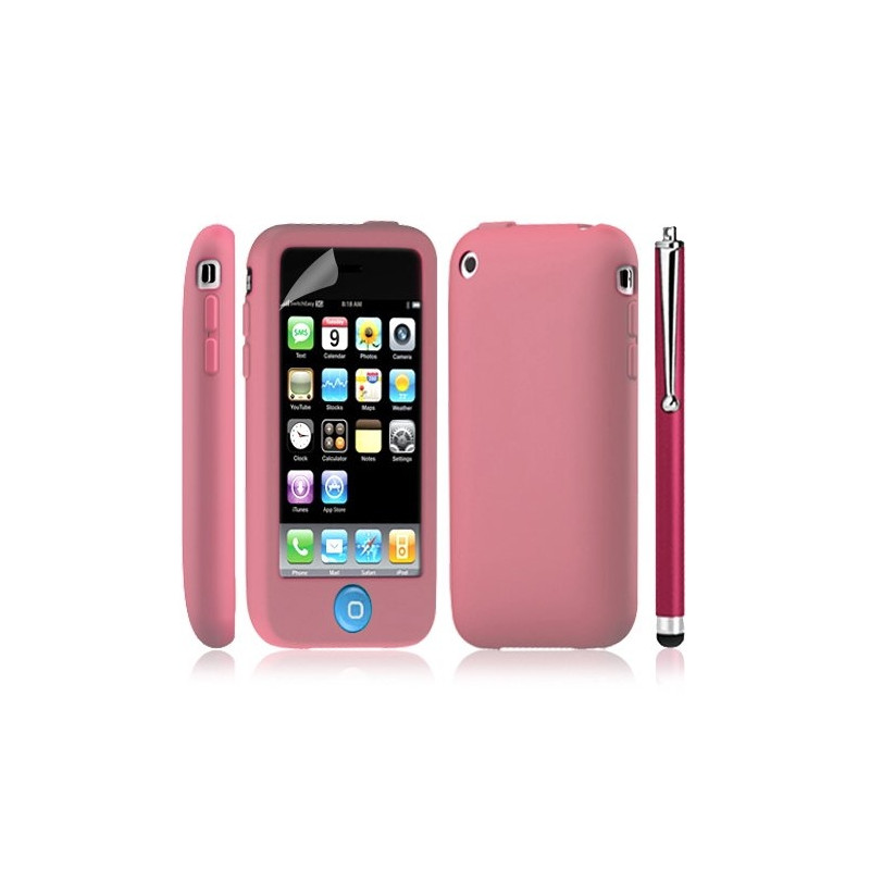 Housse coque étui silicone avec bouton tactile pour Apple Iphone 3G/3GS couleur rose + Stylet luxe