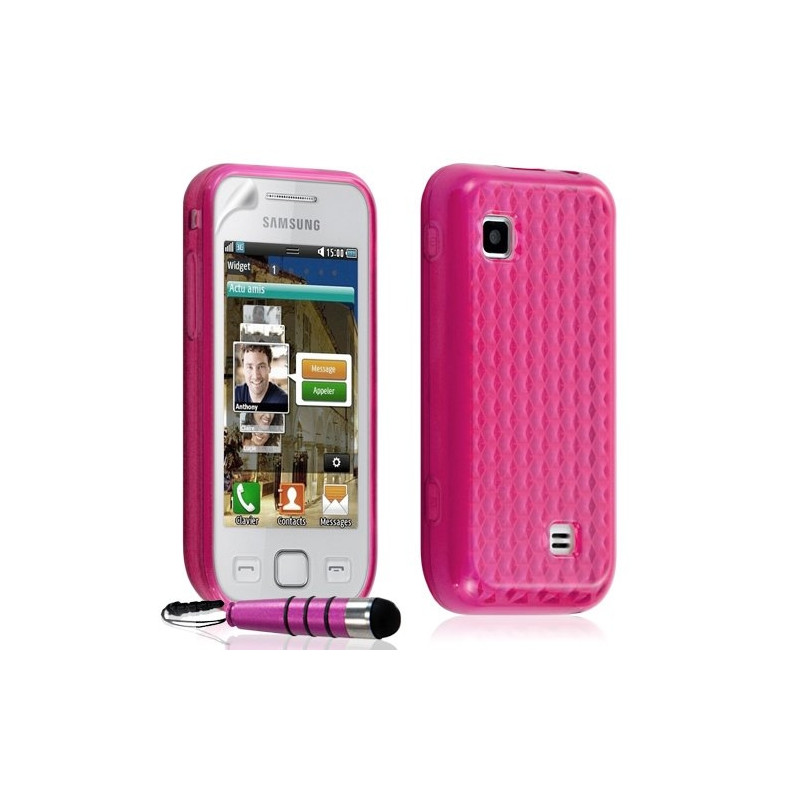 Housse coque gel damier transparent Samsung Wave 575 S5750 couleur rose + stylet + film