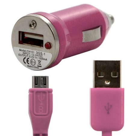 Chargeur voiture allume cigare USB + Cable data couleur rose pour Sony Ericsson : Vivaz / Vivaz pro / Xperia PLAY / Xperia X10 /