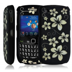 Housse coque rigide pour Blackberry Curve 3G 9300 couleur noir avec motif fleur + film protecteur ecran