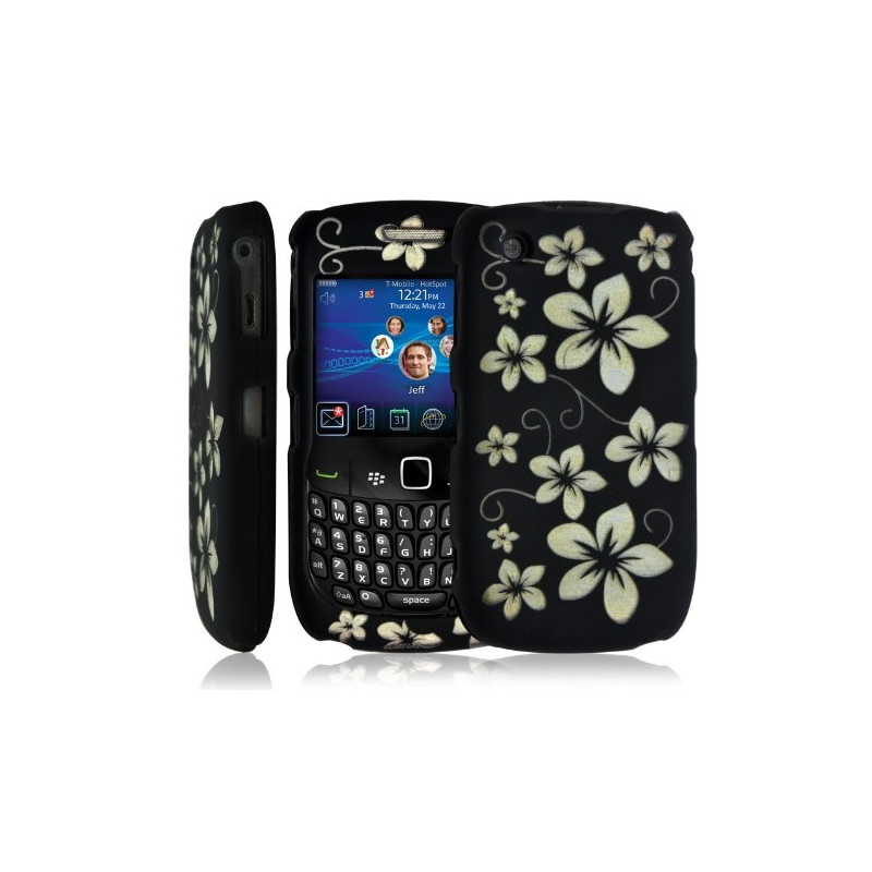 Housse coque rigide pour Blackberry Curve 3G 9300 couleur noir avec motif fleur + film protecteur ecran