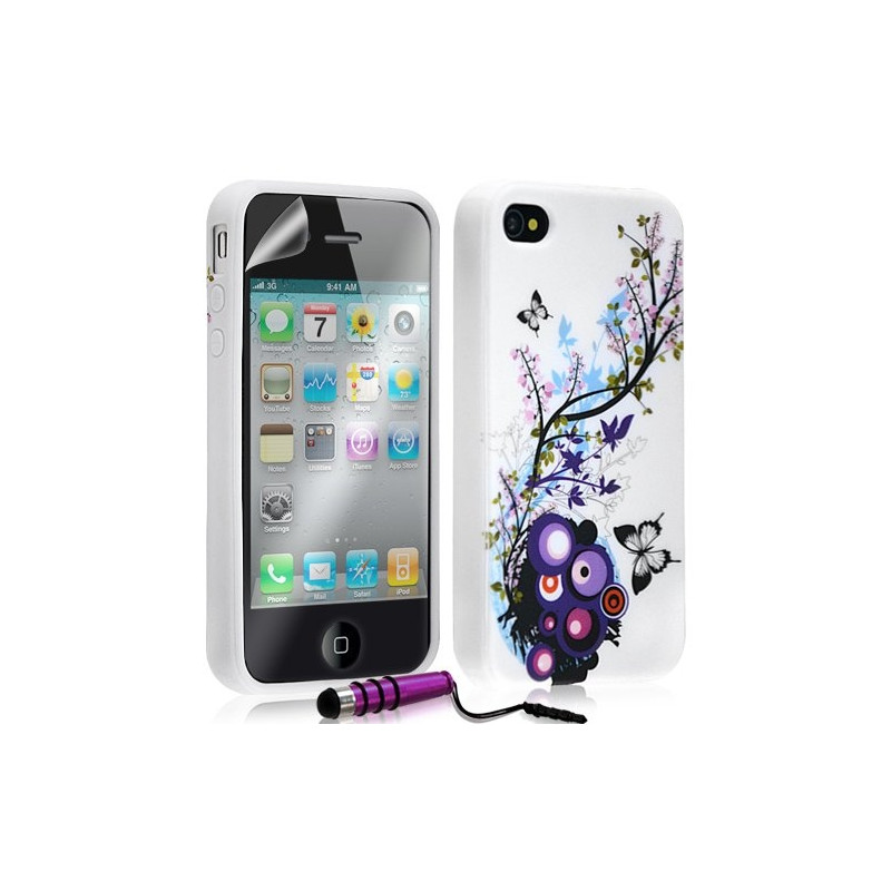 Housse étui coque en gel pour Apple Iphone 4 / 4S avec motifs + mini stylet + film protecteur