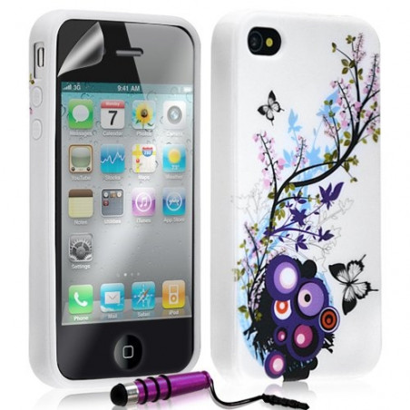 Housse étui coque en gel pour Apple Iphone 4 / 4S avec motifs + mini stylet + film protecteur