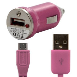 Chargeur voiture allume cigare USB + Cable data couleur rose pour Nokia : E7-00 / E72 / Lumia 710 / Lumia 800 / N85 / N86 8MP / 