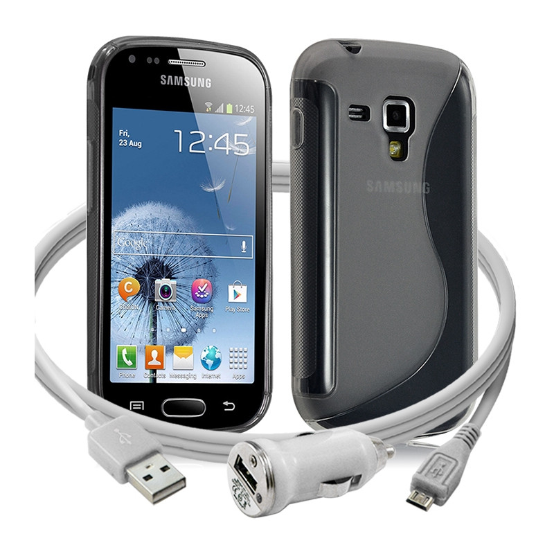 Housse étui coque gel vague pour Samsung Galaxy Trend + chargeur auto couleur gris