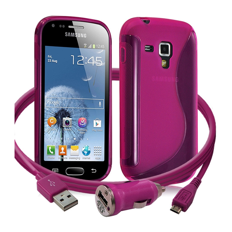 Housse étui coque gel vague pour Samsung Galaxy Trend + chargeur auto couleur rose fushia