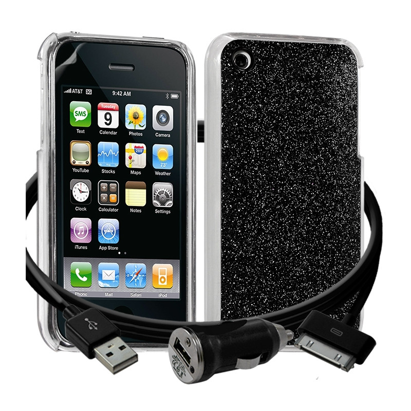 Housse Etui Coque Paillette noir pour Apple iPhone 3G/3GS + chargeur auto + film