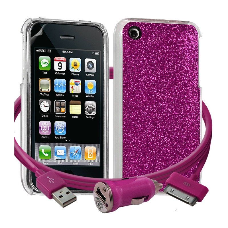 Housse Etui Coque Paillette rose fushia pour Apple iPhone 3G/3GS + chargeur auto + film