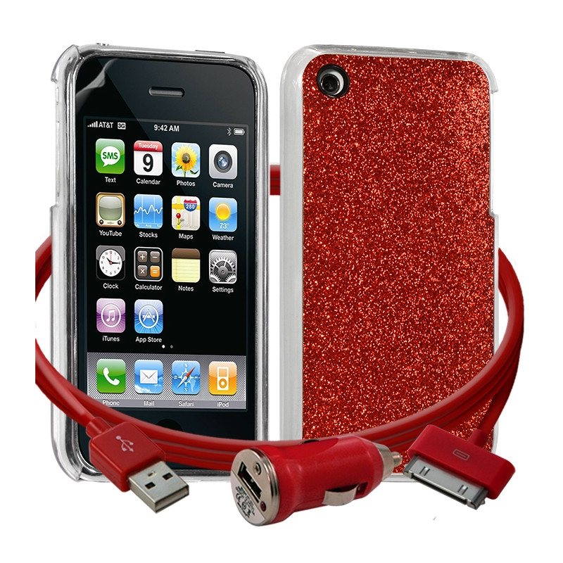 Housse Etui Coque Paillette rouge pour Apple iPhone 3G/3GS + chargeur auto + film