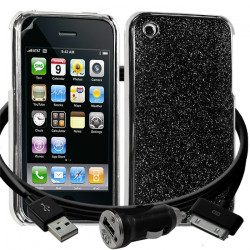 Housse Etui Coque Paillette noir pour Apple iPhone 3G/3GS + chargeur auto + film