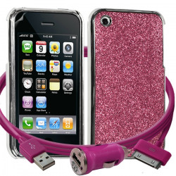 Housse Etui Coque Paillette rose pour Apple iPhone 3G/3GS + chargeur auto + film