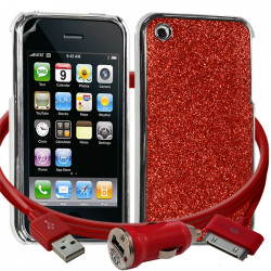 Housse Etui Coque Paillette rouge pour Apple iPhone 3G/3GS + chargeur auto + film