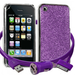 Housse Etui Coque Paillette violet pour Apple iPhone 3G/3GS + chargeur auto + film