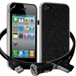 Housse Etui Coque Paillette noir pour Apple iPhone 4/4S + chargeur auto + film
