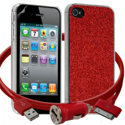 Housse Etui Coque Paillette rouge pour Apple iPhone 4/4S + chargeur auto + film