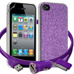 Housse Etui Coque Paillette violet pour Apple iPhone 4/4S + chargeur auto + film