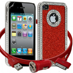 Housse Etui Coque Paillette et Diamants rouge pour Apple iPhone 4/4S + chargeur auto + film