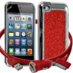 Housse Etui Coque Paillette et Diamants rouge pour Apple iPod Touch 4G + chargeur auto + film