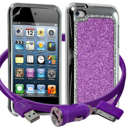 Housse Etui Coque Paillette et Diamants violet pour Apple iPod Touch 4G + chargeur auto + film